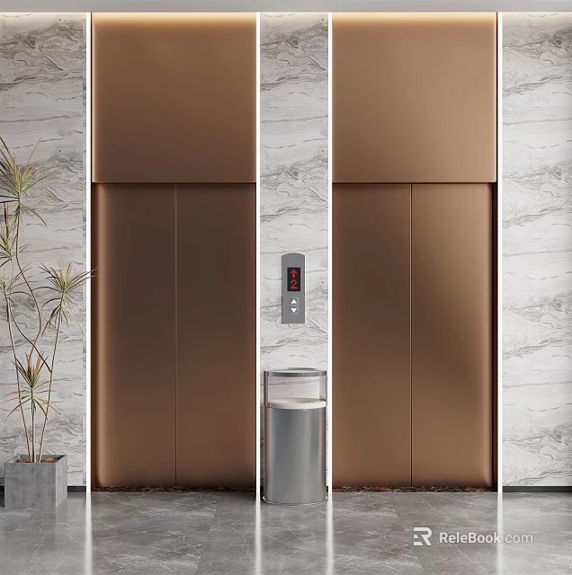 Modern Bronze Elevator Design With Marble Walls Control Panel And Potted Plant 3d model 