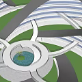Modern Office Building With Curved Glass Facade Central Courtyard Green Lawn And Tree