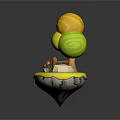 Cartoon Scene Of Floating Island With Colorful Tree Grass Wooden Fence Flowers And Stone