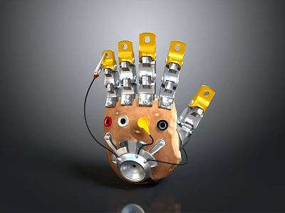 Potato Shaped Robotic Mechanical Device With Yellow Fingers And Metal Components 3d model