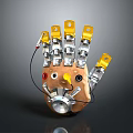 Potato Shaped Robotic Mechanical Device With Yellow Fingers And Metal Components