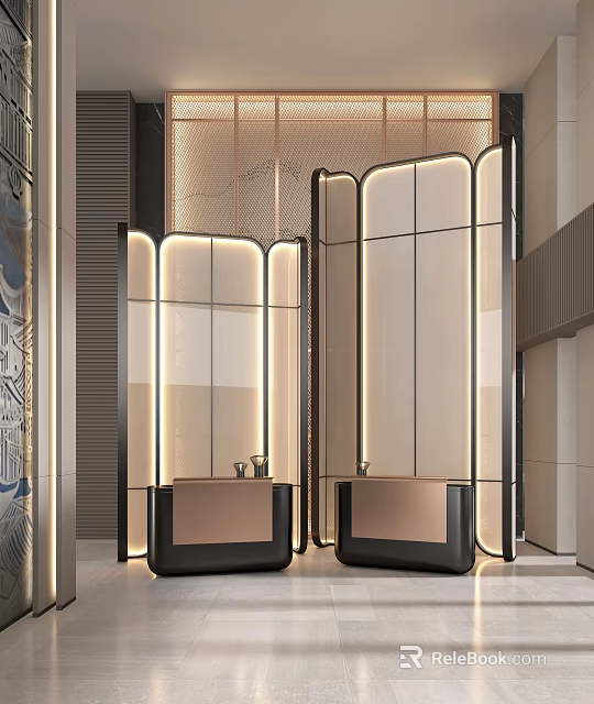 Modern Double Reception Desks With Lighted Glass Panels And Metal Frames 3d model