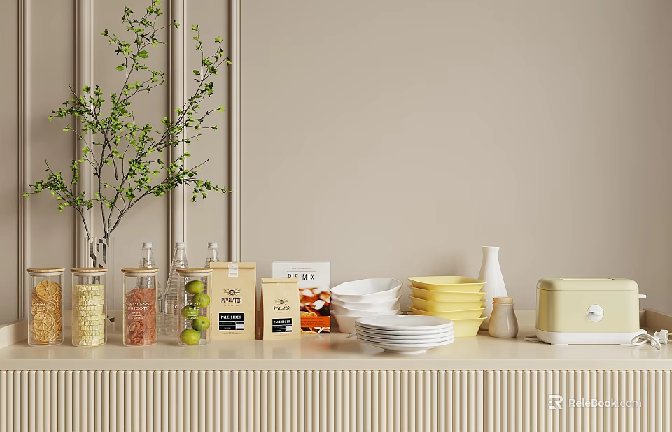 Ceramic Ware Display With White Plates Yellow Bowls On Light Wooden Countertop 3d model 
