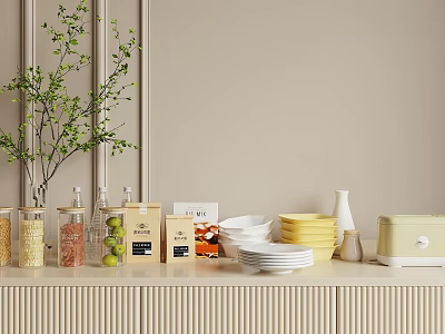 Ceramic Ware Display With White Plates Yellow Bowls On Light Wooden Countertop 3d model