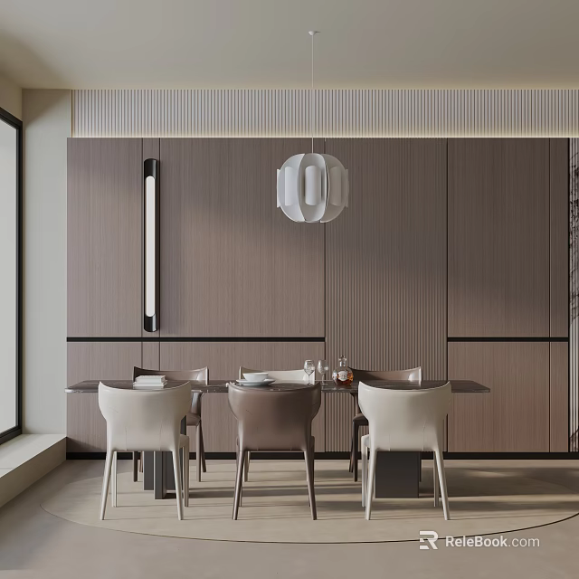 Modern Dining Table Set with Chairs Wooden Wall Panels Cabinets and Pendant Light 3d model 