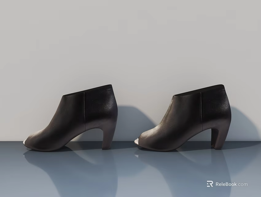 Black Leather Ankle Boots With High Heels And Smooth Surface Reflection On Gray Background 3d model 