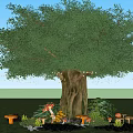 Tall Arbor With Thick Trunk Green Leaves And Mushrooms On Grassland