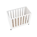 White Baby Crib With Vertical Railings Rolling Wheels And Light Mattress