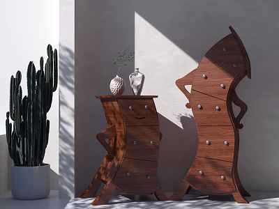 Unique Wooden Decorative Cabinets with Artistic Drawer Design and Cactus Plant in White Pot 3d model
