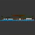 Cartoon Scene of Modern T Shaped Building With Green Rooftops And Blue Structures