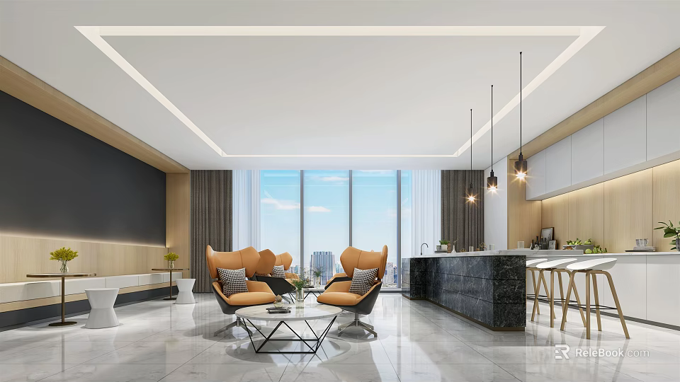 Modern Tea Room Interior Design With Open Layout Island Counter And Comfortable Seating 3d model