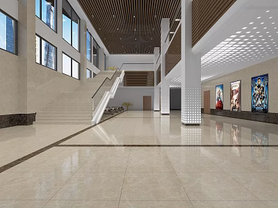 Front Desk Reception in Spacious Modern Lobby With Marble Flooring and Large Windows 3d model