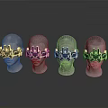 Four Human Head Models Wearing Gold And Green Mechanical Headgear On Reflective Surface