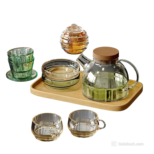 Transparent Glass Tea Set With Wooden Tray Teapot Cups And Storage Jar 3d model 