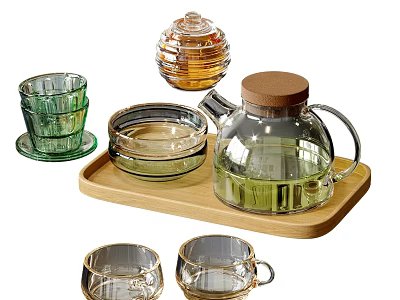 Transparent Glass Tea Set With Wooden Tray Teapot Cups And Storage Jar 3d model