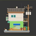 Cartoon Style Small Shop Building With Green Wall Red Staircase And Decorative Plants