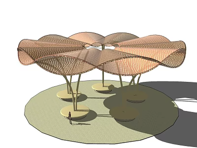Lotus Shaped Pergola Design with Netted Canopy and Supporting Columns in Outdoor Setting 3d model