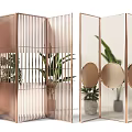 Modern Copper Frame Room Divider with Geometric Patterns Transparent Panels and Potted Plants 3d model