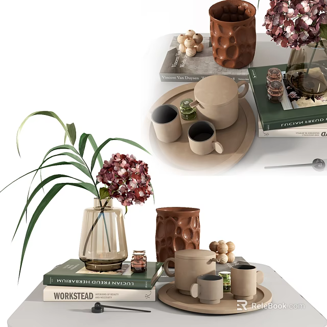 Stylish Decorative Ornament Set with Glass Vase Green Plant Ceramic Mugs and Books 3d model 