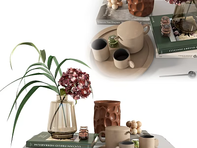 Stylish Decorative Ornament Set with Glass Vase Green Plant Ceramic Mugs and Books 3d model