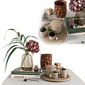 Stylish Decorative Ornament Set with Glass Vase Green Plant Ceramic Mugs and Books