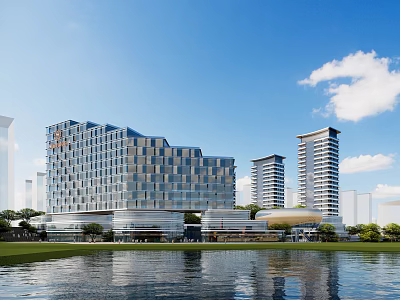 Modern Hotel Building Featuring Glass Curtain Walls Waterfront Reflection Surrounding High Rises Under Blue Sky 3d model