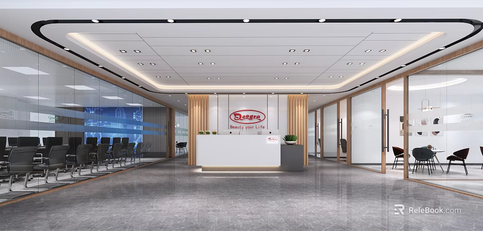 Modern Office Reception Area With White Desk Company Logo Glass Partitions And Gray Floor 3d model 