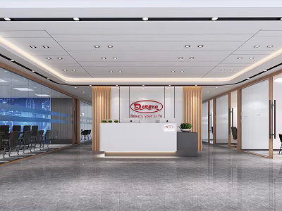 Modern Office Reception Area With White Desk Company Logo Glass Partitions And Gray Floor 3d model