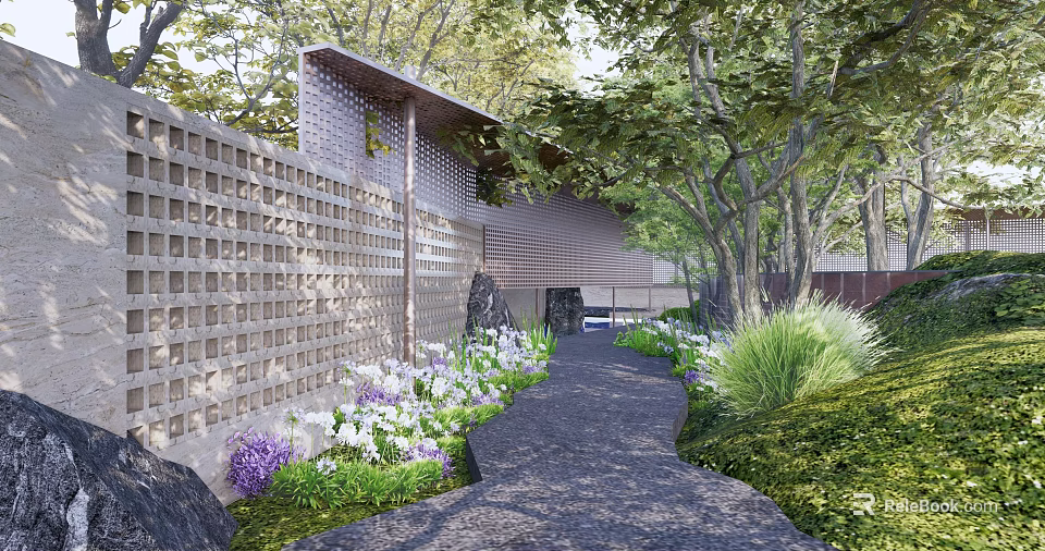 Garden Landscape Design With Perforated Stone Wall Pathway Lush Green Plants And Purple White Flowers 3d model 