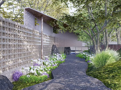 Garden Landscape Design With Perforated Stone Wall Pathway Lush Green Plants And Purple White Flowers 3d model