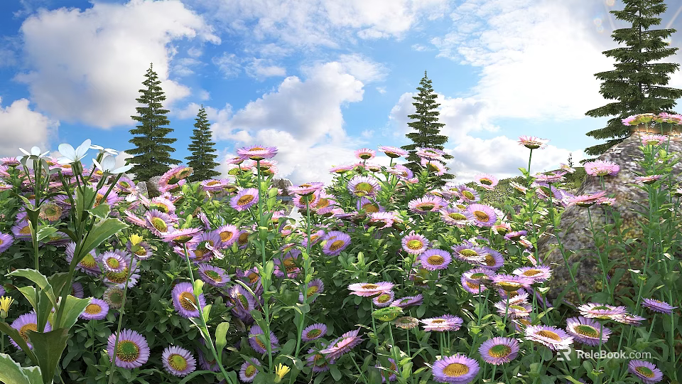 Blooming Purple And Pink Flowers Under Blue Sky With White Clouds And Tall Pine Trees 3d model 