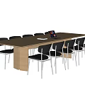 Modern Office Wooden Table With Multiple Black Chairs And Tablet On Surface 3d model