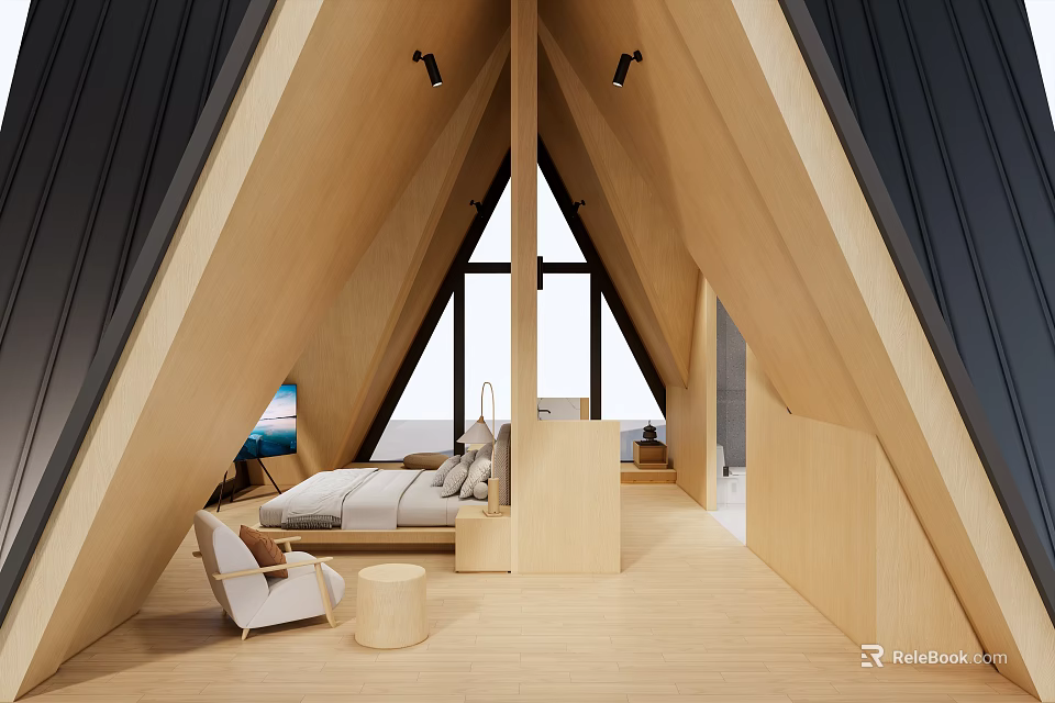 Bright Hotel Room With Triangular Wooden Roof Large Windows Comfortable Bed And Armchair 3d model 
