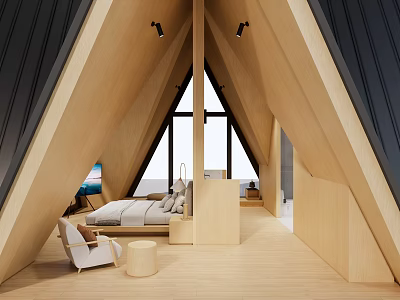 Bright Hotel Room With Triangular Wooden Roof Large Windows Comfortable Bed And Armchair 3d model
