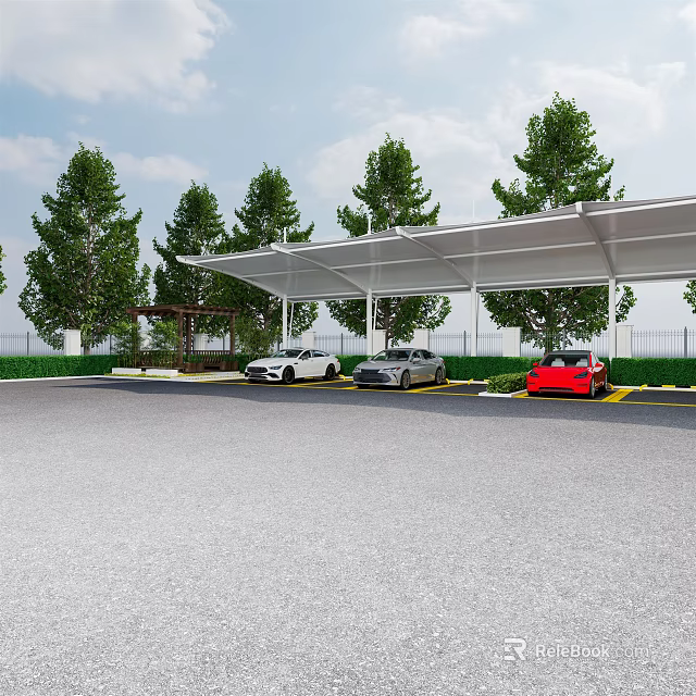Covered Outdoor Parking Lot With White Canopy Green Trees And Parked Cars 3d model 