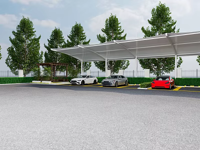 Covered Outdoor Parking Lot With White Canopy Green Trees And Parked Cars 3d model