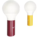 Two Minimalist Table Lamps with Red Yellow Bases and White Spherical Shades and Base Logo