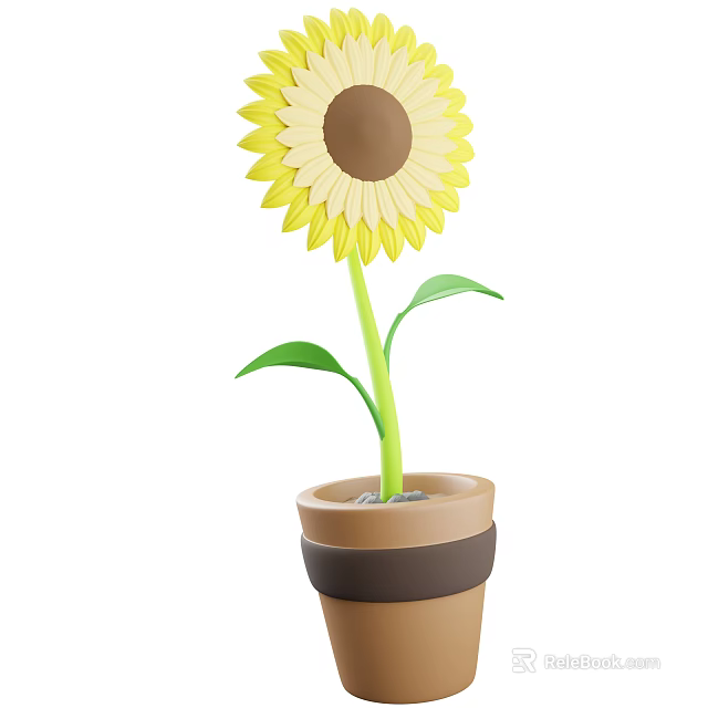 Yellow Sunflower Shaped Bonsai Potted Plant With Green Stem Leaves And Brown Striped Pot 3d model 