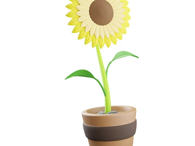 Yellow Sunflower Shaped Bonsai Potted Plant With Green Stem Leaves And Brown Striped Pot 3d model