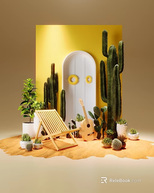 Vibrant Photo Spot With Yellow Wall White Arched Door Cacti Green Plants And Wooden Decor 3d model 