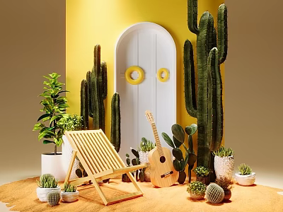 Vibrant Photo Spot With Yellow Wall White Arched Door Cacti Green Plants And Wooden Decor 3d model