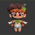 Adorable Cartoon Creature with Purple Bun Hair Orange Headpiece Green Leaves and Lemon Slice