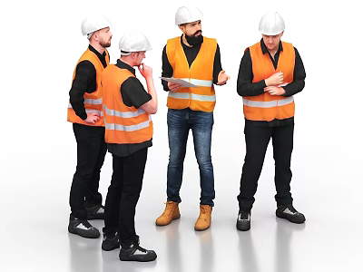 Men Wearing White Hard Hats And Orange Reflective Vests Discussing At Worksite 3d model