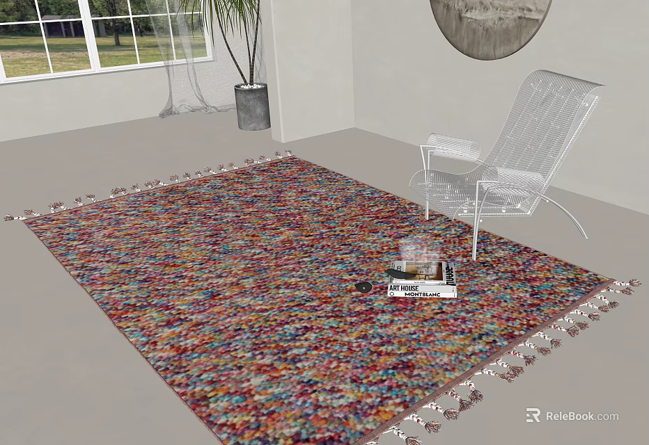 Colorful Square Rug With Fringe In Living Room With White Chair And Potted Plant 3d model 