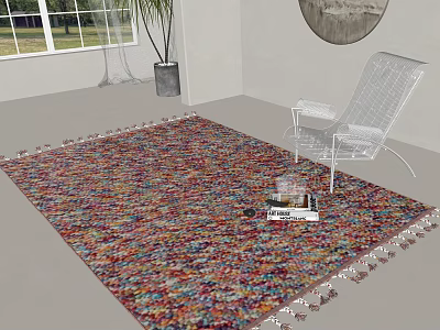 Colorful Square Rug With Fringe In Living Room With White Chair And Potted Plant 3d model
