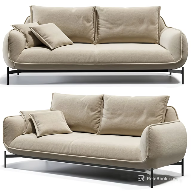 Modern Beige Two Seater Sofa With Soft Pillows And Black Metal Legs 3d model 