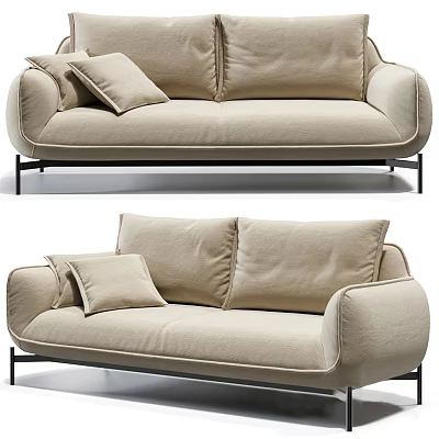 Modern Beige Two Seater Sofa With Soft Pillows And Black Metal Legs 3d model