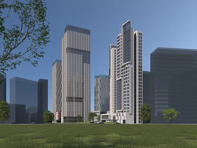 Modern Tall Office Building With Glass Facade Surrounded By Green Lawn And Trees 3d model