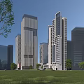 Modern Tall Office Building With Glass Facade Surrounded By Green Lawn And Trees