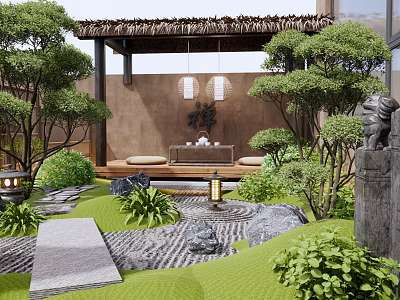 Serene Karesansui Garden With Thatched Pavilion Hanging Lanterns Zen Wall And Stone Pathway 3d model